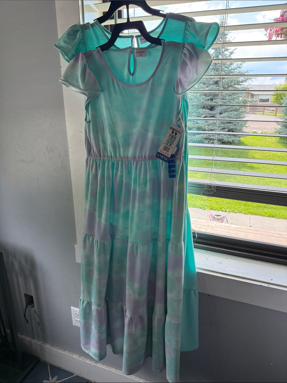 32 Degrees Girls' Tie-Dye Tiered Dress - Teal & Lavender